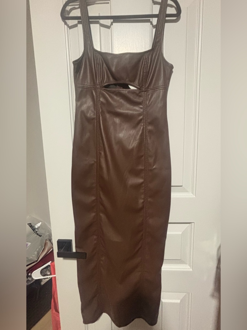 Blue Blush Women's Brown Faux Leather Cutout Midi Dress.